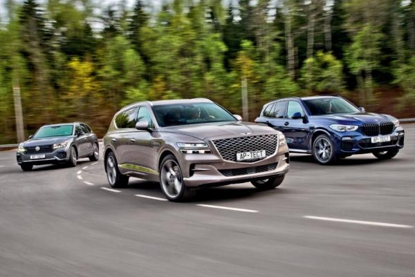 Дизельные Genesis GV80, BMW X5 и Volkswagen Touareg: как едут и как тормозят в обычном и автоматическом режиме?